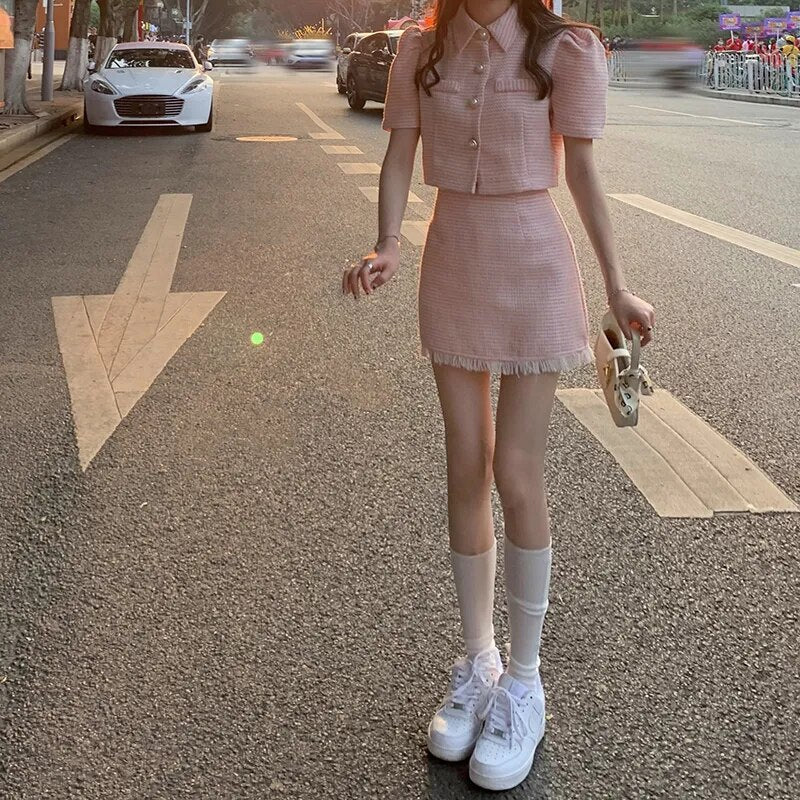 goosudu High quality summer Tweed two Piece Set Women Crop Top Jacket Coat + Mini Skirt Sets Female 2 Piece Suits ensemble femme