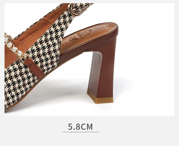 woloong New   Sandles Women Square Toe Thick Heel French Retro Women Shoes Pearl Buckle High Heel Party Sandals Houndstooth Pattern