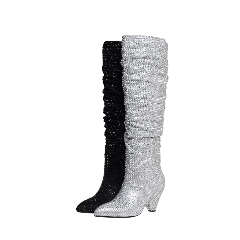 woloong New Crystal Shoes Woman Pointed Toe Over Knee High Boots Sexy Rhinestone Chunky Spike Heel Boots Ladies Shoes Botas Mujer