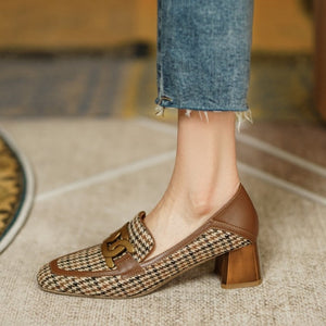 woloong  Spring/Autumn New Women Party Prom Square Heeled Pumps Basic Concise Pumps Cow Leather Brand Round Toe Loafers Woman