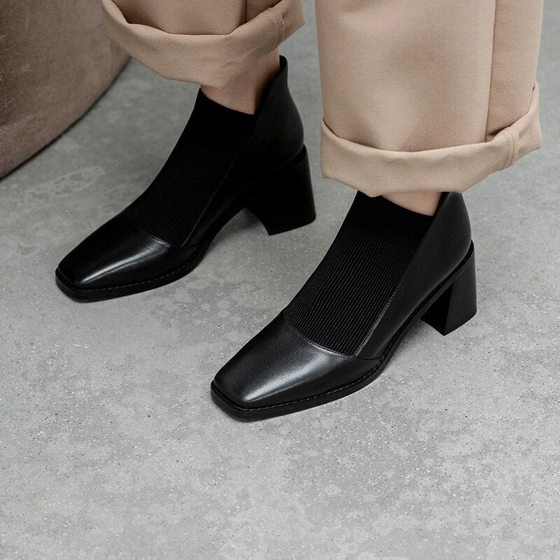 woloong  Fashion Comfortable Genuine Leather Women's Ankle Boots Elegant Square Toe Thick Heels Pumps Party Casual Shoes Woman New