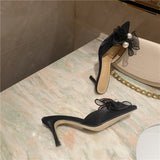 woloong New Baotou Half Drag Thin Heel Bow Sandals Pointed Pearl High Heel Muller Shoes