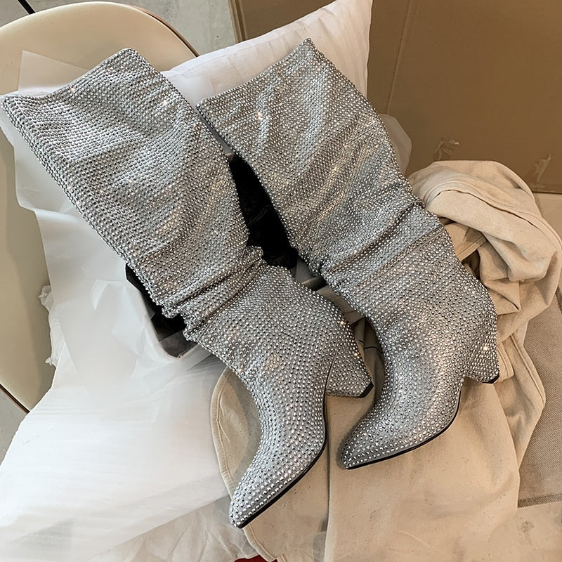 woloong New Crystal Shoes Woman Pointed Toe Over Knee High Boots Sexy Rhinestone Chunky Spike Heel Boots Ladies Shoes Botas Mujer