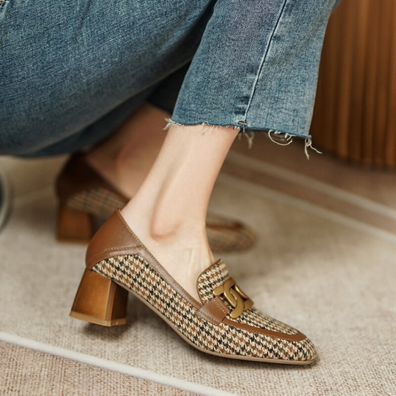 woloong  Spring/Autumn New Women Party Prom Square Heeled Pumps Basic Concise Pumps Cow Leather Brand Round Toe Loafers Woman