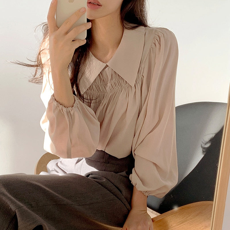 woloong Chic Korea Japanese Fenimine Clothes Women New Design Long Sleeve Solid Retro Vintage Black Pink Cute Tops And Blouses