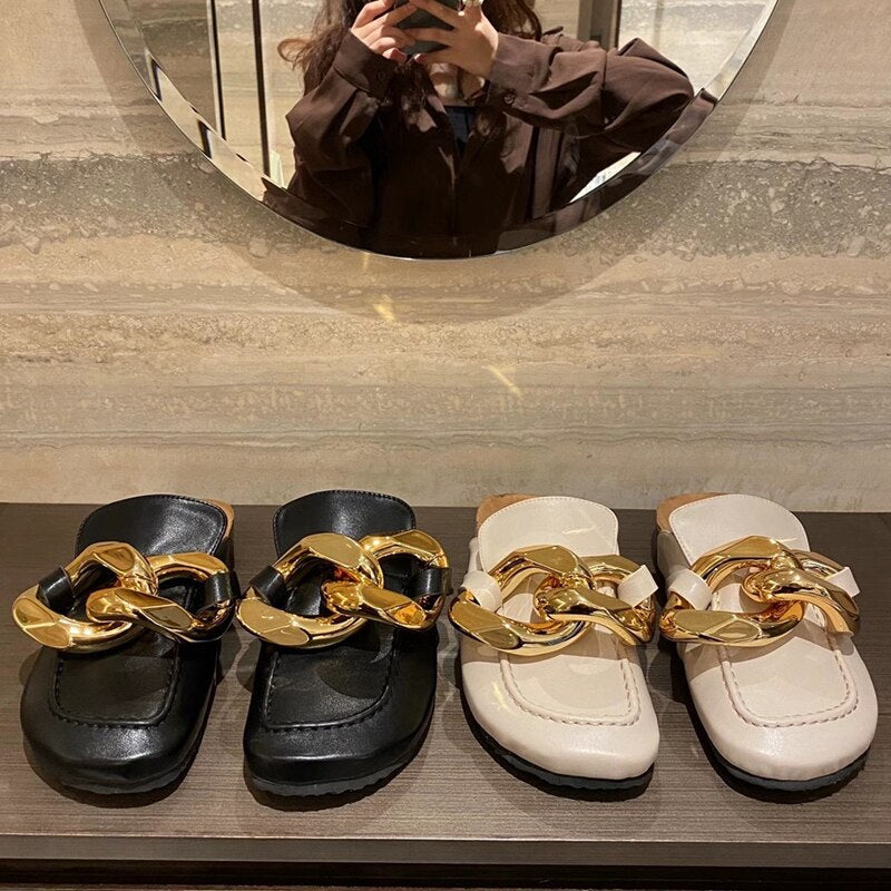 woloong  New Brand Women Slipper Fashion Chain Decor Round Toe Flats Mules Lazy Loafer Women Outdoor Slides Slip On Sandal