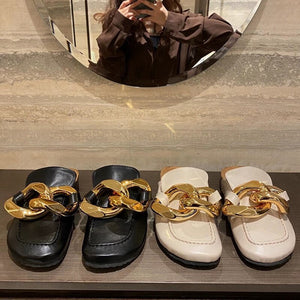 woloong  New Brand Women Slipper Fashion Chain Decor Round Toe Flats Mules Lazy Loafer Women Outdoor Slides Slip On Sandal