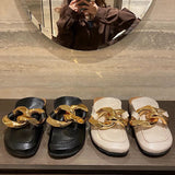 woloong  New Brand Women Slipper Fashion Chain Decor Round Toe Flats Mules Lazy Loafer Women Outdoor Slides Slip On Sandal