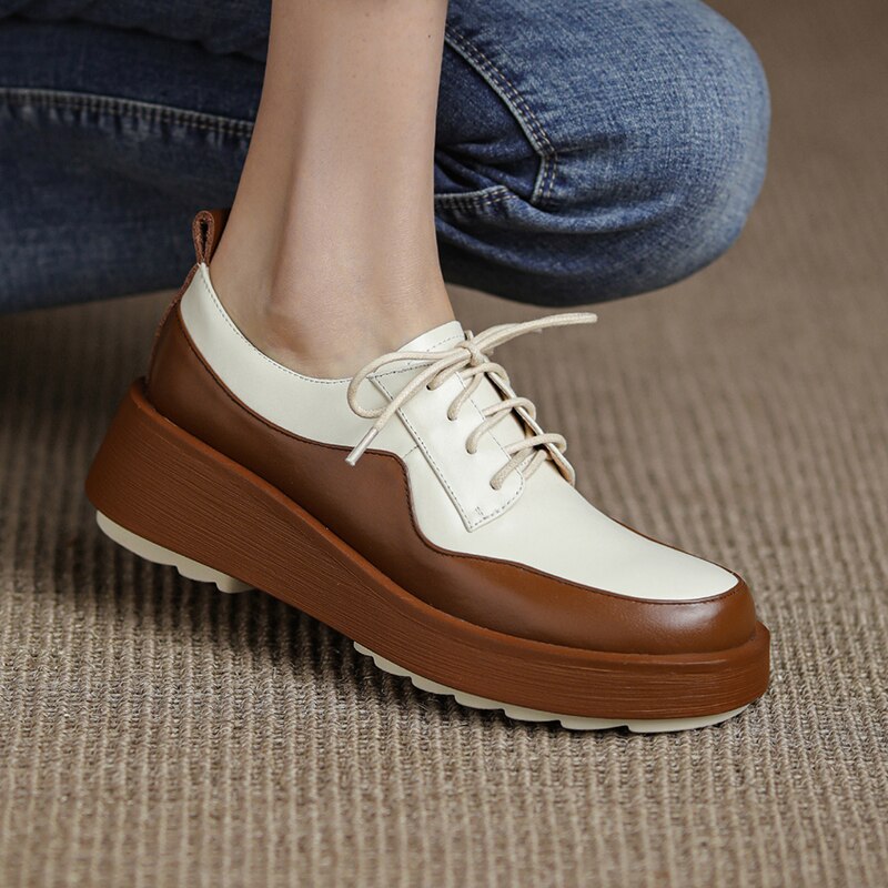 woloong  New Retro British Style Color Matching Platform Small Leather Shoes Casual Single Shoes Fashion Lace-up Women's Shoes