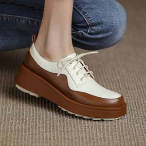 woloong  New Retro British Style Color Matching Platform Small Leather Shoes Casual Single Shoes Fashion Lace-up Women's Shoes