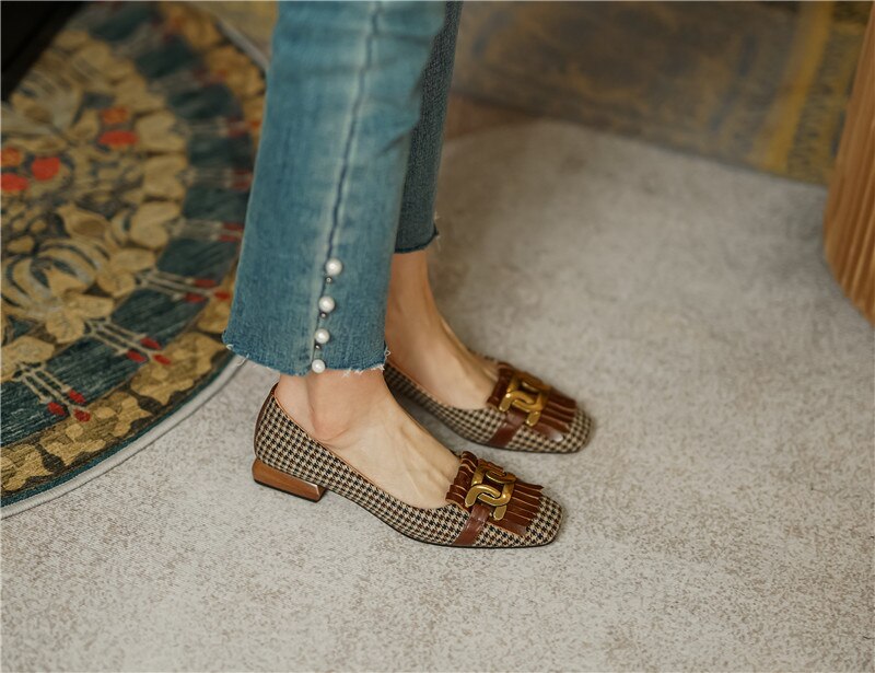 woloong  New Genuine Leather Women Shoes Fashion Tassel Beads Spring Pump Square Toe Slip-On Casual Shoes Thick Heel Size 35-42 Handmade