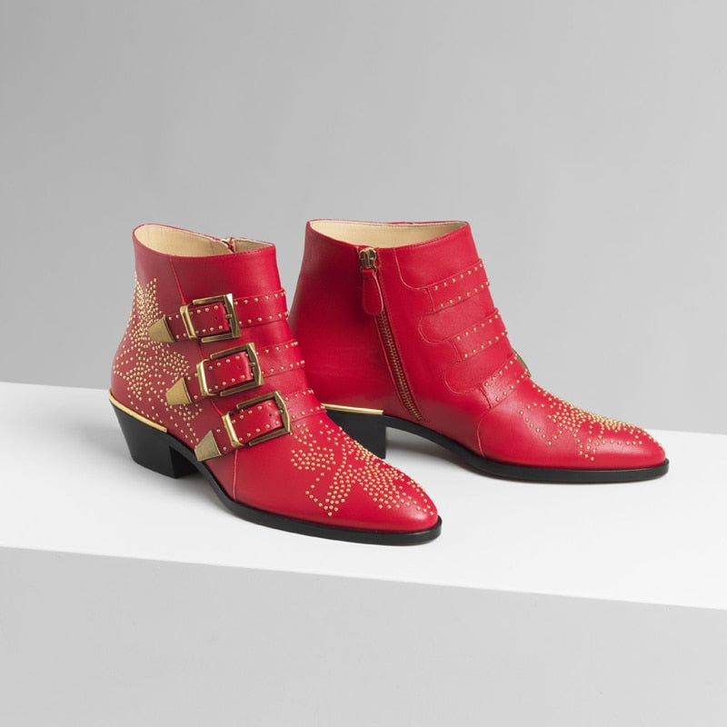 Studded Real Leather Ankle Boots Women Round Toe Rivet Flower Martin Short Boots Cowhide Thick Heel Low New Heel Women's Shoes