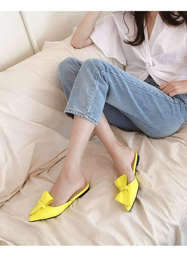 woloong  Pointed flat bow slippers women summer wear Baotou half slippers new fashion lazy sandals women's shoes