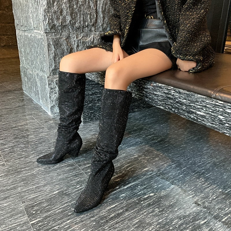 woloong New Crystal Shoes Woman Pointed Toe Over Knee High Boots Sexy Rhinestone Chunky Spike Heel Boots Ladies Shoes Botas Mujer