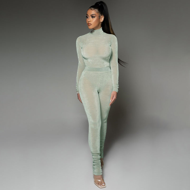 goosudu  Solid 2 Pcs Set Turtleneck Long Sleeve Bodysuit Slim Leggings New Slim Sports Tracksuit Casual Streetwear Y2K
