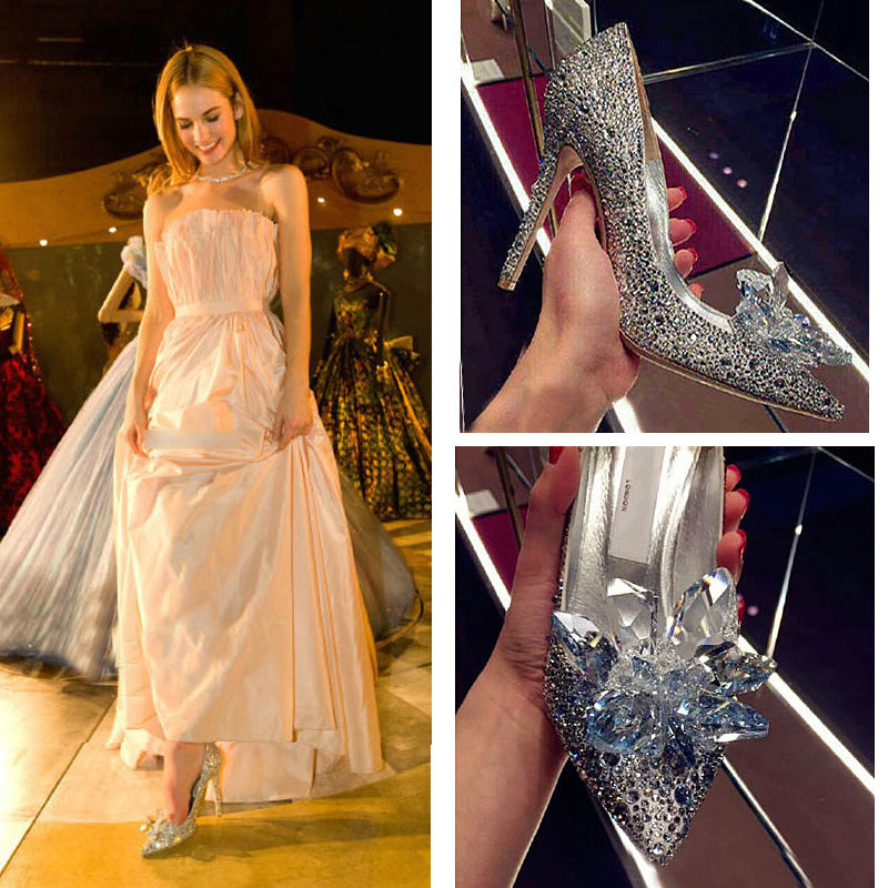 woloong  Newest  Cinderella Shoes Rhinestone High Heels Women Pumps Pointed toe Woman Crystal Party Wedding Shoes 5cm/7cm/9cm