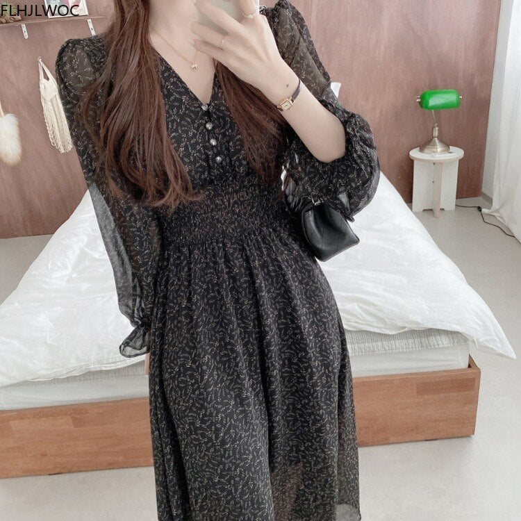 Korean Chic Fashion New Design Autumn Spring Womens Slim Waist A Line Elegant Date Girls Long Single Breasted Button Shirt Dress
