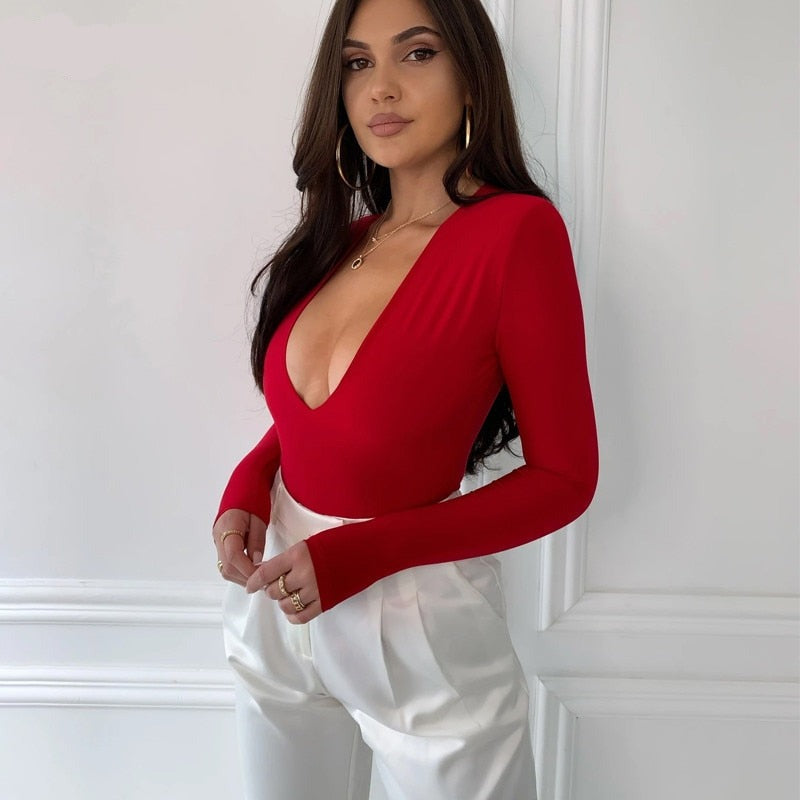 goosudu Long Sleeve Solid V-Neck Shoulder  Pads Skinny Bodysuit  Autumn Winter Women Fashion Sexy Streetwear Casual Romper
