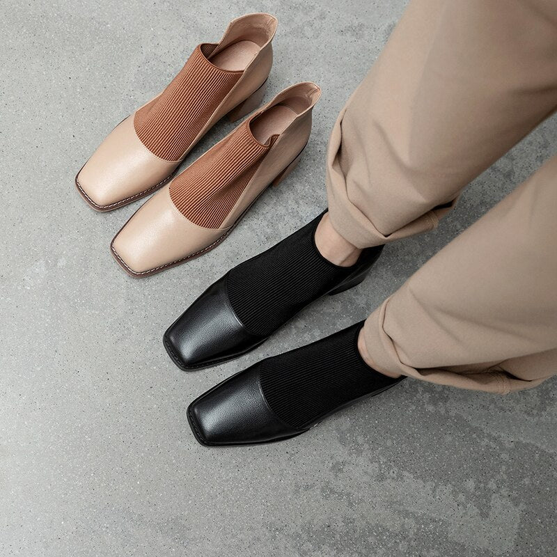 woloong  Fashion Comfortable Genuine Leather Women's Ankle Boots Elegant Square Toe Thick Heels Pumps Party Casual Shoes Woman New
