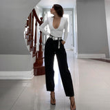 goosudu Long Sleeve Solid V-Neck Shoulder  Pads Skinny Bodysuit  Autumn Winter Women Fashion Sexy Streetwear Casual Romper