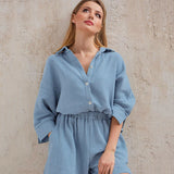 Cotton Pajamas For Women Sets Suit Casual Sleepwear Turn-Down Collar Nine Quarter Sleeve Sleep Tops Shorts Female Homewear