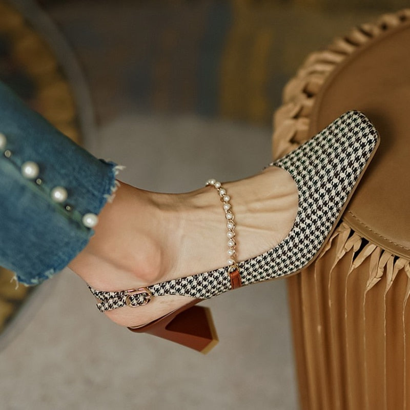 woloong New   Sandles Women Square Toe Thick Heel French Retro Women Shoes Pearl Buckle High Heel Party Sandals Houndstooth Pattern