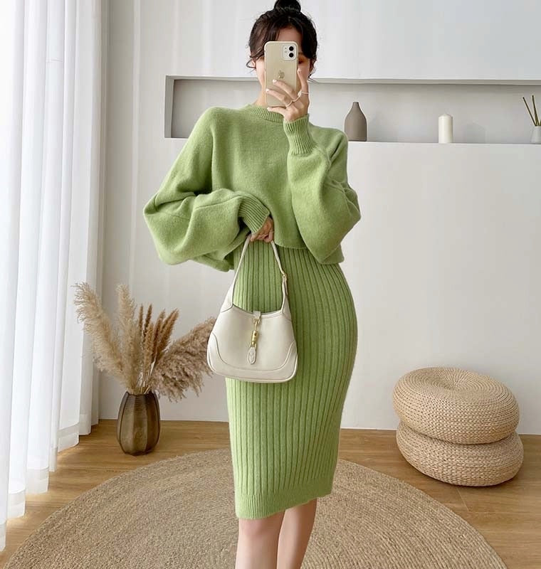 New Fall/Winter Bat Sleeve O-Neck Soft Sweater  + Women's Knitted Vest Long Dress Two-Piece Dress Sets Femme