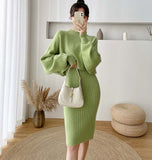 New Fall/Winter Bat Sleeve O-Neck Soft Sweater  + Women's Knitted Vest Long Dress Two-Piece Dress Sets Femme