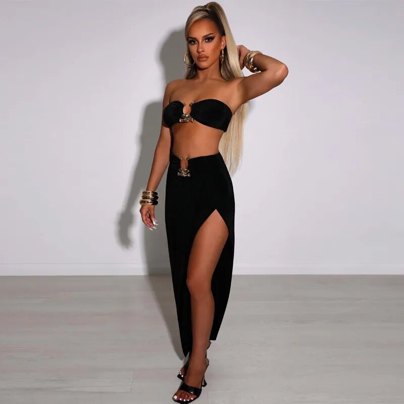 Sexy Strapless Crop Tube Top High Waist Slit Maxi Dress 2 Pcs Suits Fall Women Fashion Streetwear Vestido Y2K