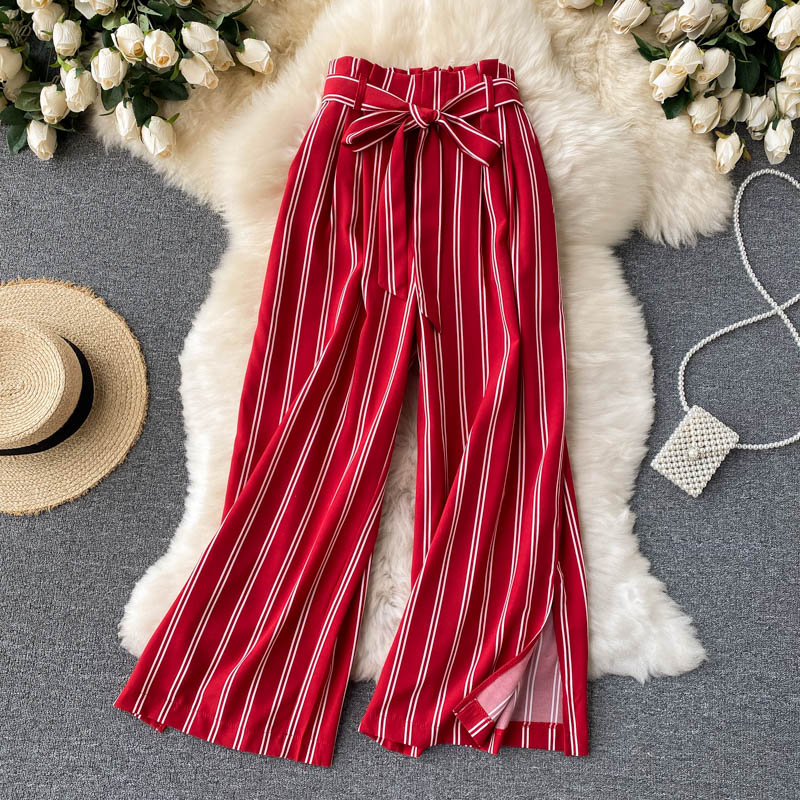 goosudu Summer New Fashion All-match Women's Casual Pants Retro Striped Color Slim Long Slit Wide Leg Pants DK1053