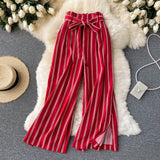 goosudu Summer New Fashion All-match Women's Casual Pants Retro Striped Color Slim Long Slit Wide Leg Pants DK1053
