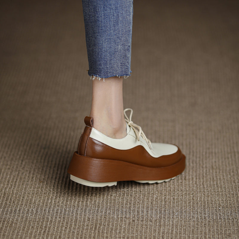 woloong  New Retro British Style Color Matching Platform Small Leather Shoes Casual Single Shoes Fashion Lace-up Women's Shoes