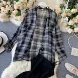 New Summer Autumn Casual Two Piece Set Long Sleeve Plaid Grey Overcoats Spaghetti Strap Slim Black Solid Dress