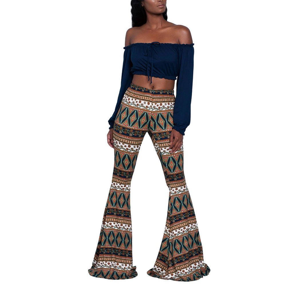 goosudu Summer New Women High-Waist Stretch-Print Trousers Wide-Leg Loose-Fitting Trousers Sexy Flared Pants Bottom Casual Leggings