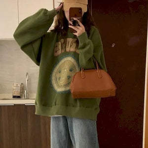 American Vintage Pullover Women Autumn Winter New Korean Plus Velvet Thick Print Long-sleeved T Shirt Crewneck Sweatshirt