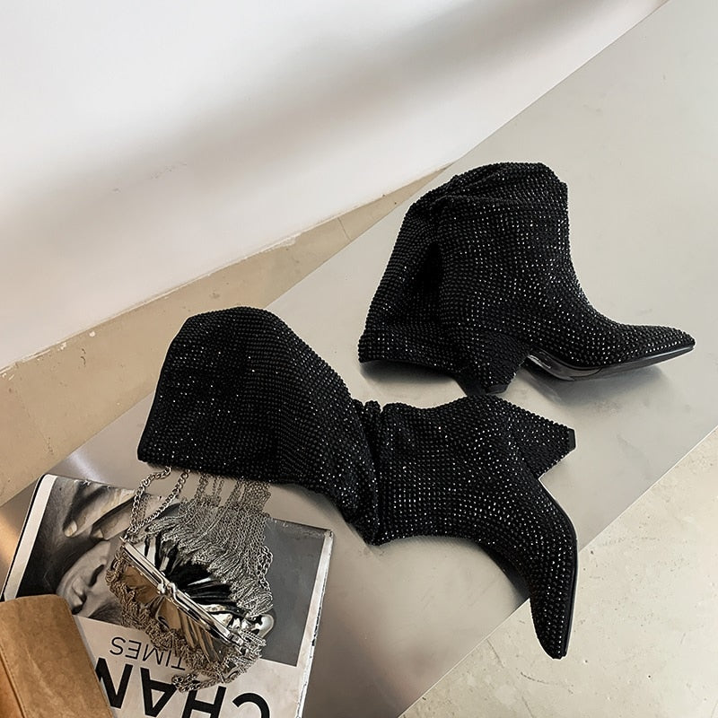 woloong New Crystal Shoes Woman Pointed Toe Over Knee High Boots Sexy Rhinestone Chunky Spike Heel Boots Ladies Shoes Botas Mujer