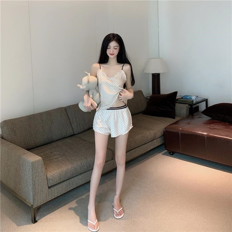 goosudu Women Pajamas 2Pcs New Summer Sexy V-Neck Sweet Vest Shorts Homewear Girls Suit Wave Point Pajamas Ladies Sleepwear Lingerie