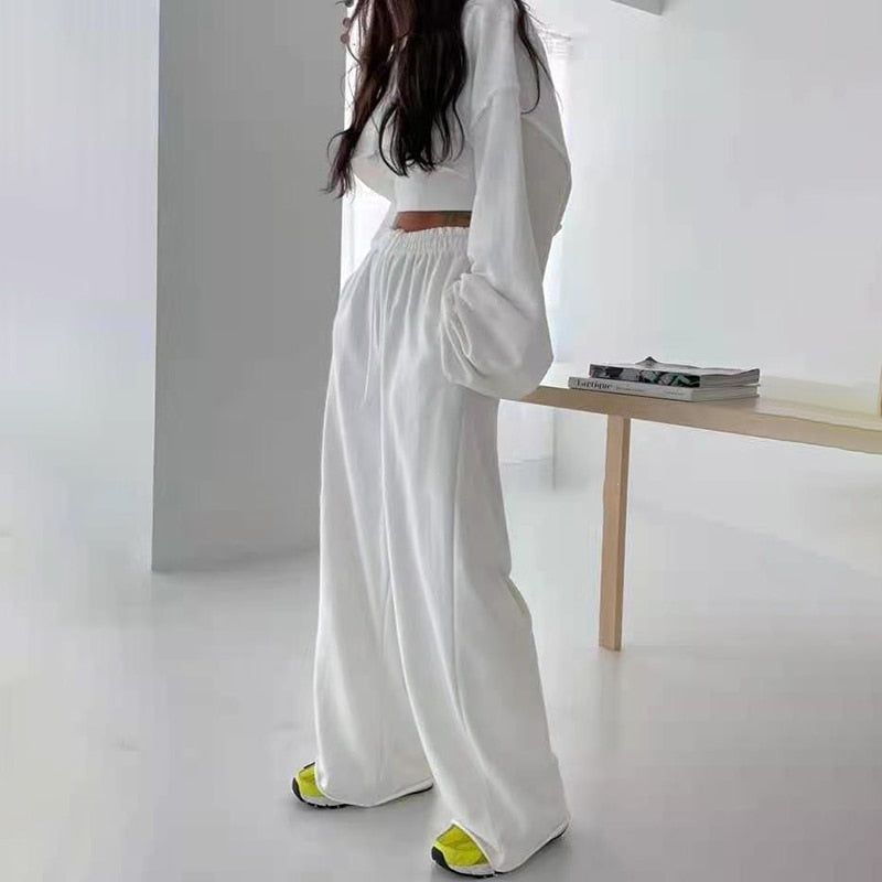 woloong  White Three Piece Set For Women O Neck Long Sleeve Tops Sleeveless Vest Wide Leg Pants Female Casual Sets New