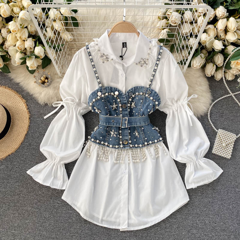 Spring New Blouse Women's Diamond Beaded Puff Sleeve Blusa Top Tassel Pearl Sling Waistcoat Two-piece Stacking Shirt C813