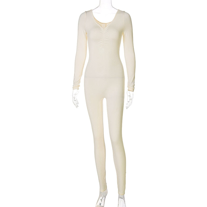 goosudu  Solid Long Sleeve V Neck Bodycon Draped Sexy Jumpsuit Summer Autumn Women Fashion Streetwear Party Club Outfits