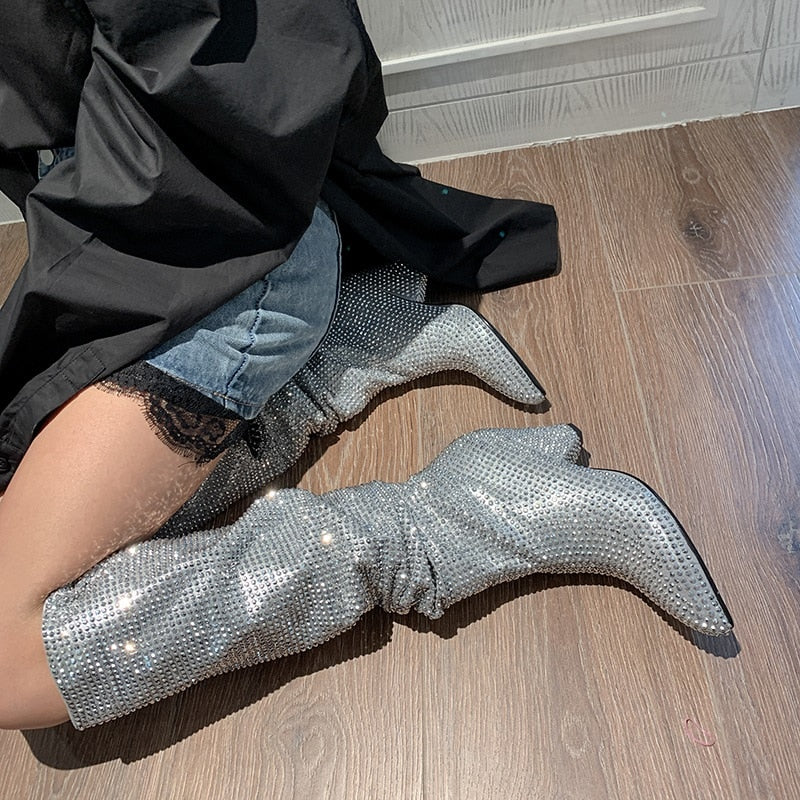 woloong New Crystal Shoes Woman Pointed Toe Over Knee High Boots Sexy Rhinestone Chunky Spike Heel Boots Ladies Shoes Botas Mujer