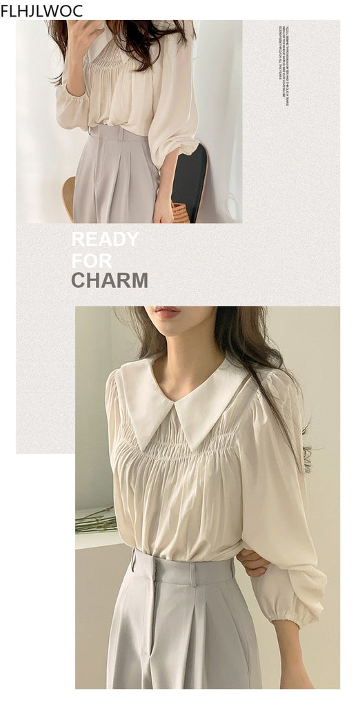 woloong Chic Korea Japanese Fenimine Clothes Women New Design Long Sleeve Solid Retro Vintage Black Pink Cute Tops And Blouses