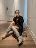 woloong New Crystal Shoes Woman Pointed Toe Over Knee High Boots Sexy Rhinestone Chunky Spike Heel Boots Ladies Shoes Botas Mujer