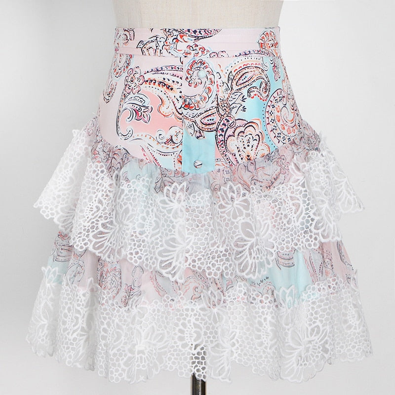woloong  Sweet Patchwork Lace Set For Women Stand Collar Long Sleeve Shirt High Waist Skirt Print Sets Female Fashion New