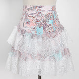 woloong  Sweet Patchwork Lace Set For Women Stand Collar Long Sleeve Shirt High Waist Skirt Print Sets Female Fashion New