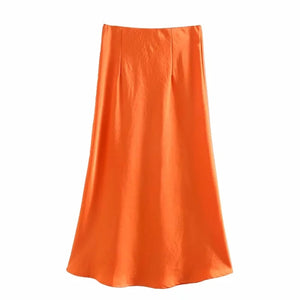woloong  Summer Women Satin Elastic Waist Side Slit A-Line Skirt New Fashion Lady Button Decoration Falda Midi LUJIA ALAN P1597