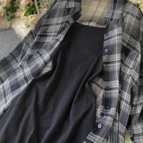 New Summer Autumn Casual Two Piece Set Long Sleeve Plaid Grey Overcoats Spaghetti Strap Slim Black Solid Dress