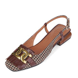 woloong  New Retro Style Female Summer Fashion Low-heeled Square Head Leather Hollow Fine Heel Baotou Metal Decoration Woman Sandals