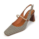 woloong New   Sandles Women Square Toe Thick Heel French Retro Women Shoes Pearl Buckle High Heel Party Sandals Houndstooth Pattern