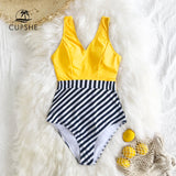 goosudu   Yellow and Striped Patchwork One-Piece Swimsuit Sexy V-neck Women Monokini Girls Beach Bathing Suits Swimwear